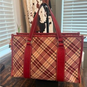 Burberry Blue London Blue Label Red Tote Bag with Leather Trim